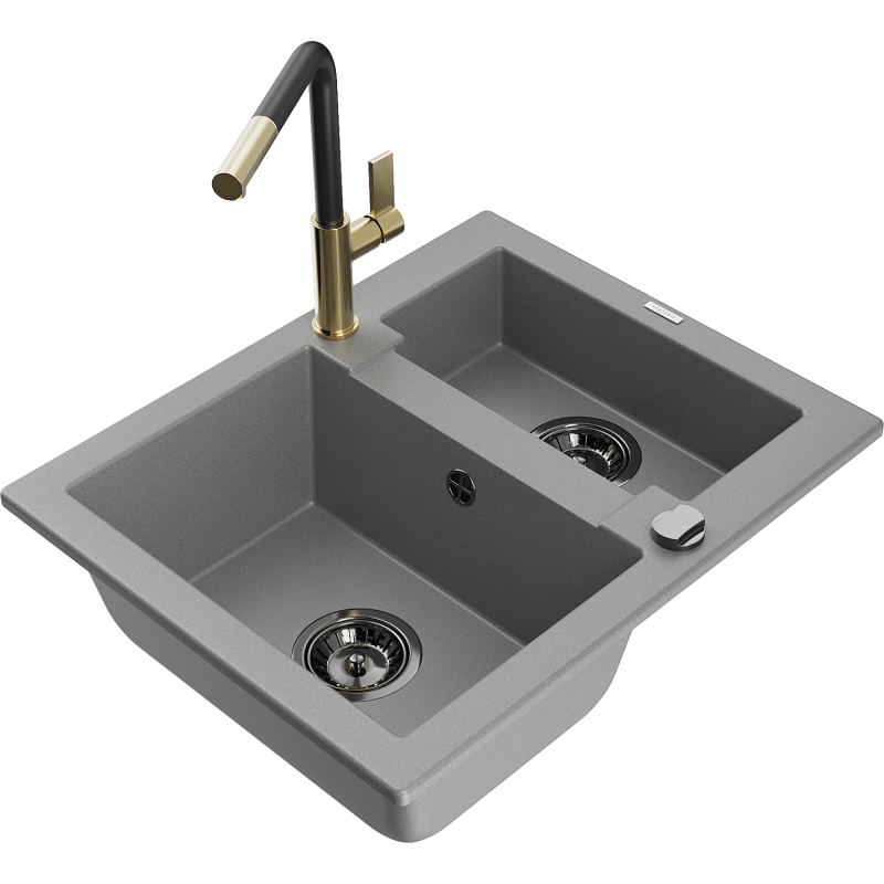 Mexen Carlos fregadero de granito 1,5 senos con grifo de cocina Flora, gris - 6518-71-670401-57-B