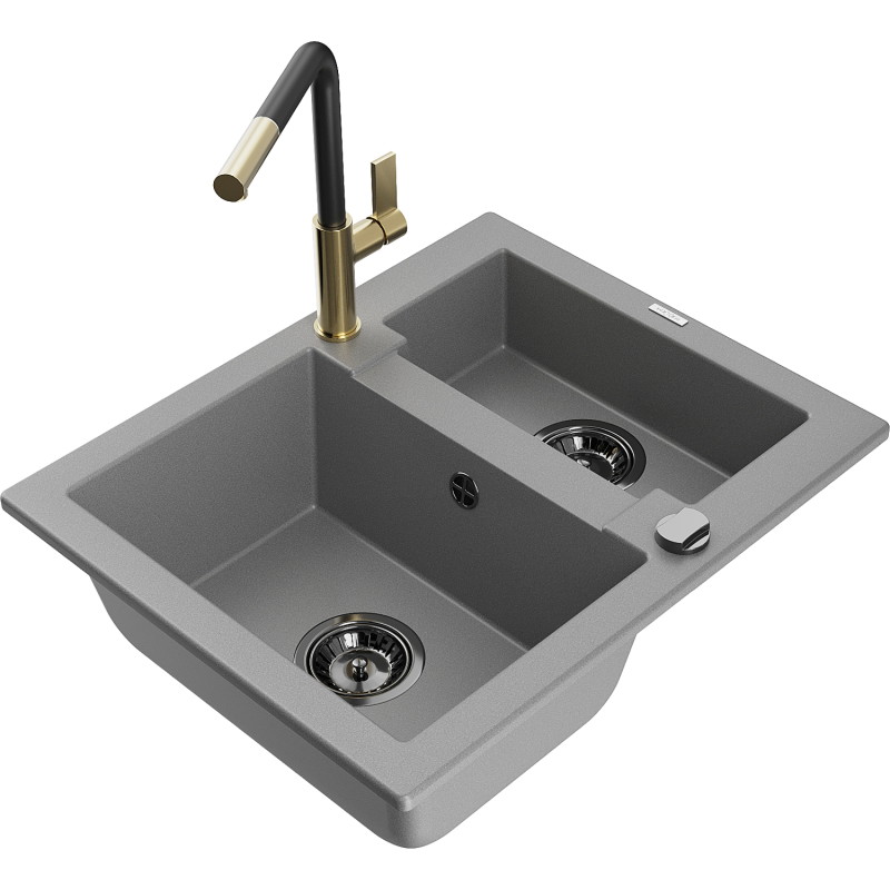 Mexen Carlos fregadero de granito de 1,5 tazones con grifo de cocina Flora, gris - 6518-71-670401-57-B