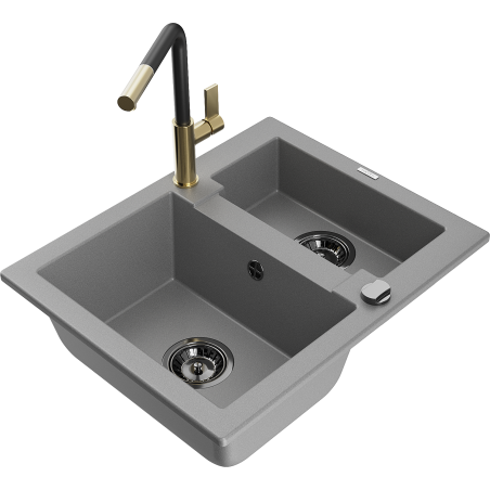 Mexen Carlos fregadero de granito 1,5 senos con grifo de cocina Flora, gris - 6518-71-670401-57-B