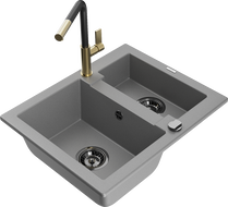 Mexen Carlos granite sink 1.5-bowl with Flora kitchen tap, grey - 6518-71-670401-57-B