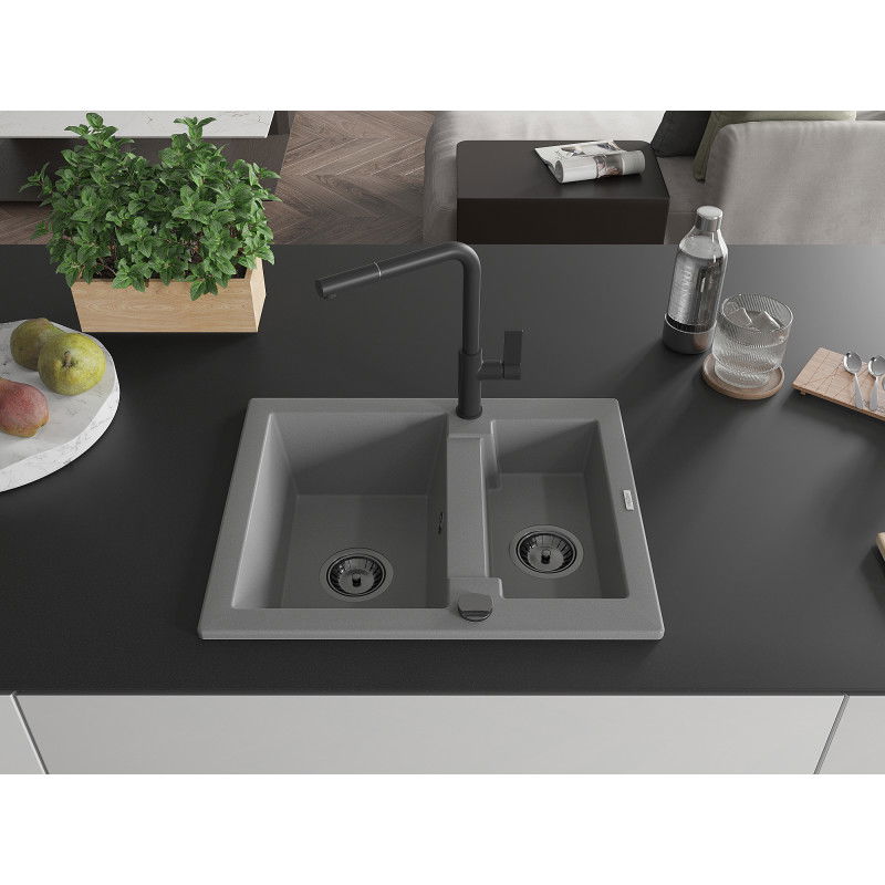 Mexen Carlos Granite Kitchen Sink 1.5 Bowl with Flora Tap, Grey - 6518-71-670401-70-B