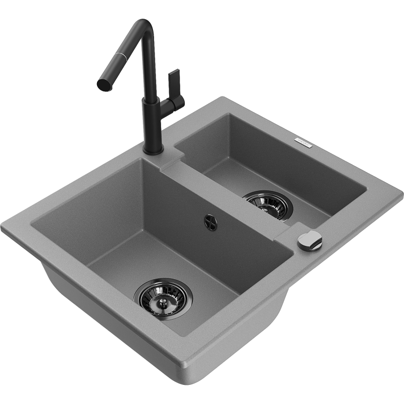 Mexen Carlos fregadero de granito de 1,5 senos con grifo de cocina Flora, gris - 6518-71-670401-70-B