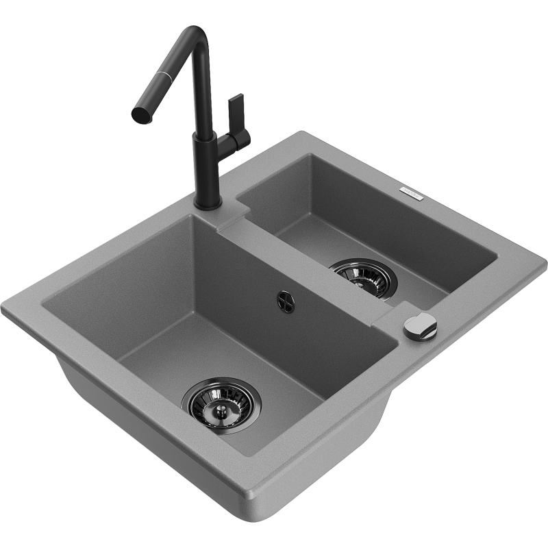 Mexen Carlos Granite Kitchen Sink 1.5 Bowl with Flora Tap, Grey - 6518-71-670401-70-B