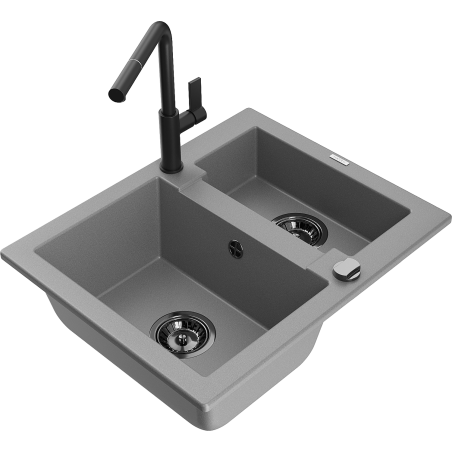 Mexen Carlos fregadero de granito de 1,5 senos con grifo de cocina Flora, gris - 6518-71-670401-70-B