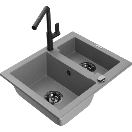 Mexen Carlos Granite Kitchen Sink 1.5 Bowl with Flora Tap, Grey - 6518-71-670401-70-B