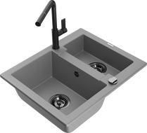 Mexen Carlos Granite Kitchen Sink 1.5 Bowl with Flora Tap, Grey - 6518-71-670401-70-B