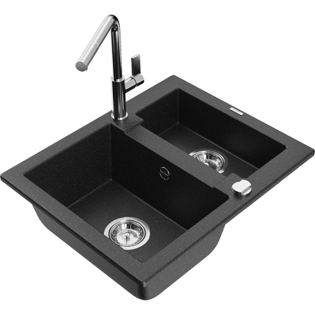 Mexen Carlos Granitspüle 1,5-beckig mit Küchenarmatur Flora, schwarz/silber metallic - 6518-73-670401-00