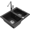 Mexen Carlos granite sink 1.5-bowl with Flora kitchen tap, black/silver metallic - 6518-73-670401-00