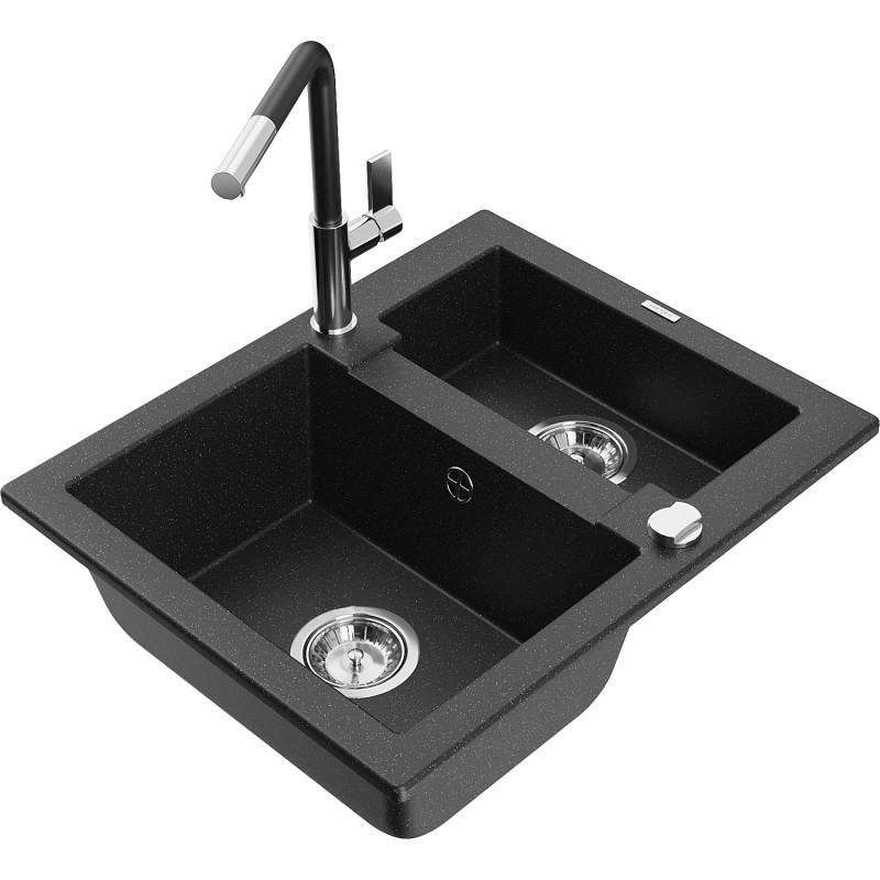 Mexen Carlos lavello in granito 1,5 vasca con miscelatore da cucina Flora, nero/argento metalllico - 6518-73-670401-07