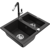 Mexen Carlos 1,5-Kammer-Granits Spülbecken mit Küchenarmatur Flora, schwarz/silber metallic - 6518-73-670401-07