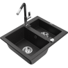 Mexen Carlos granite sink 1.5-bowl with Flora kitchen tap, black/silver metallic - 6518-73-670401-07
