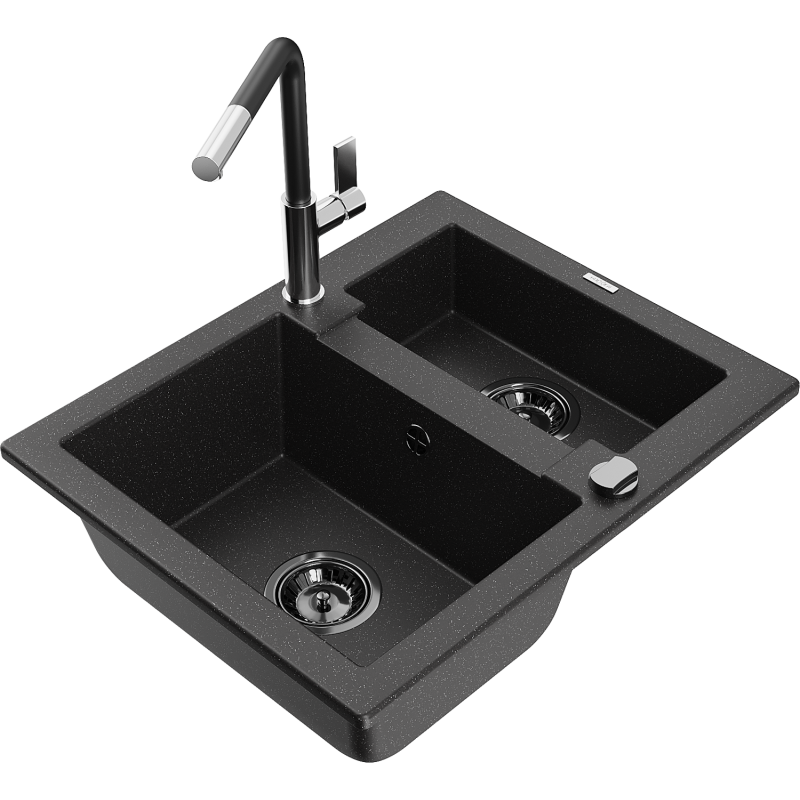 Mexen Carlos fregadero de granito de 1,5 huecos con grifo de cocina Flora, negro/metálico plateado - 6518-73-670401-07-B