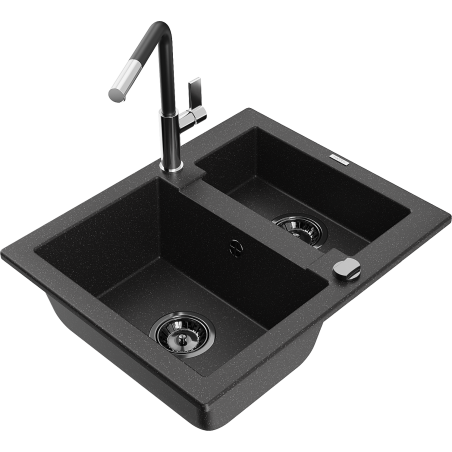 Mexen Carlos granitische spoelbak 1,5-komorig met keukenkraan Flora, zwart/zilver metallic - 6518-73-670401-07-B