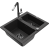 Mexen Carlos granite sink 1.5-bowl with Flora kitchen tap, black/silver metallic - 6518-73-670401-07-B