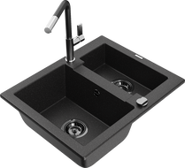 Mexen Carlos granite sink 1.5-bowl with Flora kitchen faucet, black/silver metallic - 6518-73-670401-07-B