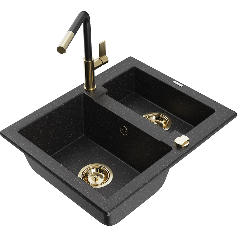 Mexen Carlos granieten gootsteen 1,5-kamer met keukenkraan Flora, zwart/zilver metallic - 6518-73-670401-57-G
