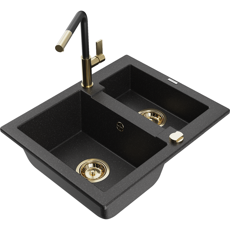 Mexen Carlos lava-loiça em granito de 1,5 bacias com torneira de cozinha Flora, preto/metálico prateado - 6518-73-670401-57-G