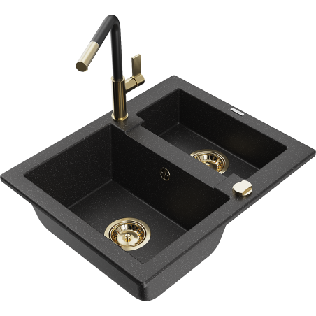 Mexen Carlos 1,5-Kammer Granitspüle mit Küchenarmatur Flora, schwarz/silber metallic - 6518-73-670401-57-G