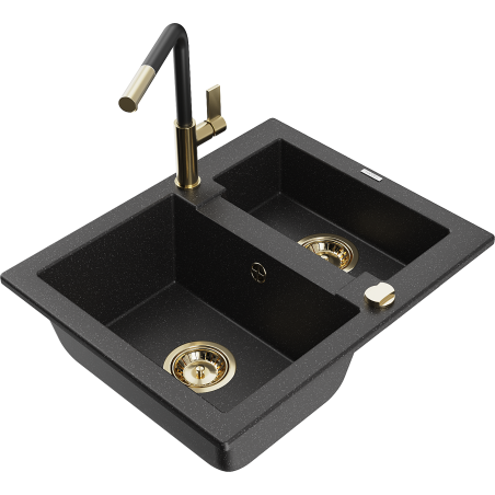 Mexen Carlos granitische gootsteen 1,5-compartiment met keukenkraan Flora, zwart/zilveren metallic - 6518-73-670401-57-G