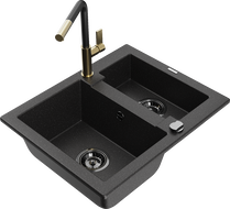 Mexen Carlos granite sink 1.5-bowl with Flora kitchen tap, black/silver metallic - 6518-73-670401-57-B