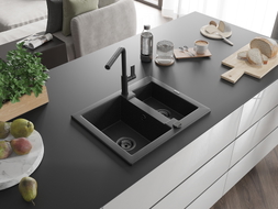 Mexen Carlos granite sink 1.5-bowl with Flora kitchen faucet, black/silver metallic - 6518-73-670401-70-B