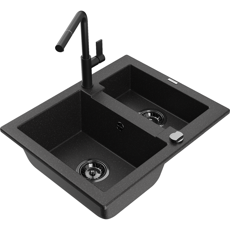 Mexen Carlos granitisk diskho 1,5-bas med köksblandare Flora, svart/silver metallic - 6518-73-670401-70-B
