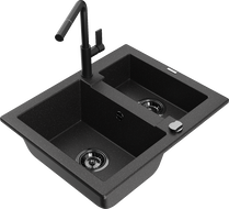 Mexen Carlos granite sink 1.5-bowl with Flora kitchen tap, black/silver metallic - 6518-73-670401-70-B