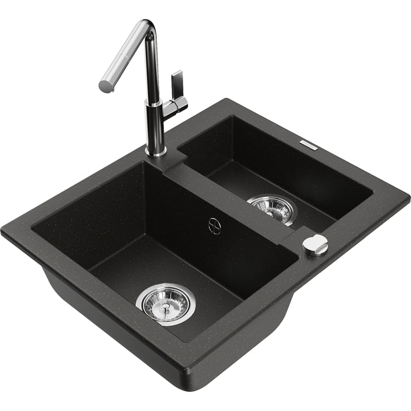 Mexen Carlos granite sink 1.5-bowl with kitchen faucet Flora, black/gold metallic - 6518-75-670401-00