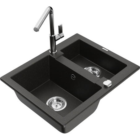 Mexen Carlos granite sink 1.5-bowl with kitchen faucet Flora, black/gold metallic - 6518-75-670401-00
