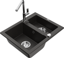 Mexen Carlos granite sink 1.5-bowl with Flora kitchen tap, black/gold metallic - 6518-75-670401-00
