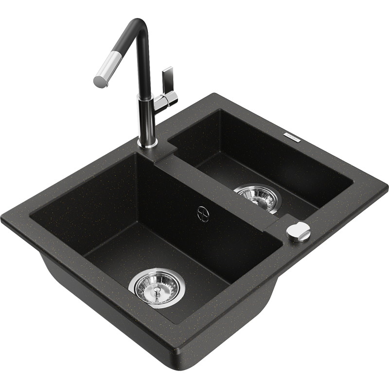 Mexen Carlos Granitspüle 1,5-Becken mit Küchenarmatur Flora, schwarz/gold Metallic - 6518-75-670401-07