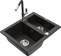 Mexen Carlos 1.5-bowl granite sink with Flora kitchen tap, black/gold metallic - 6518-75-670401-07