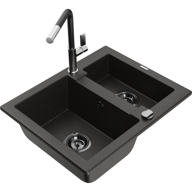 Mexen Carlos lava-loiça de granito 1,5-cubas com torneira de cozinha Flora, preto/dourado metálico - 6518-75-670401-07-B