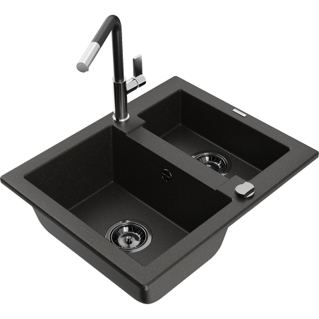 Mexen Carlos évier en granit 1,5 bac avec robinet de cuisine Flora, noir/métallisé doré - 6518-75-670401-07-B