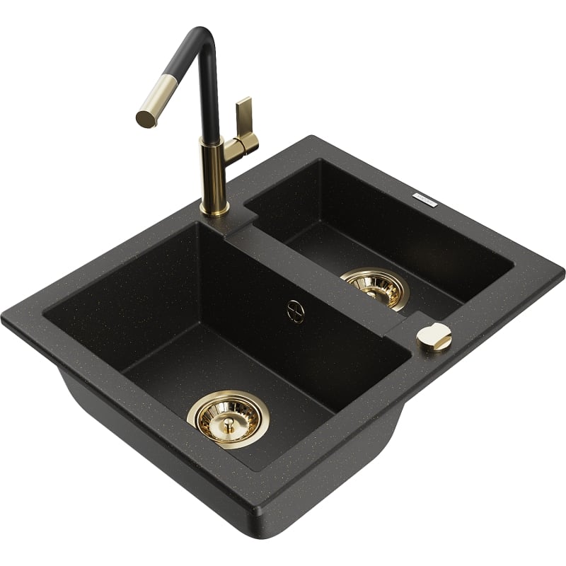 Mexen Carlos fregadero de granito de 1,5 compartimentos con grifo de cocina Flora, negro/dorado metálico - 6518-75-670401-57-G