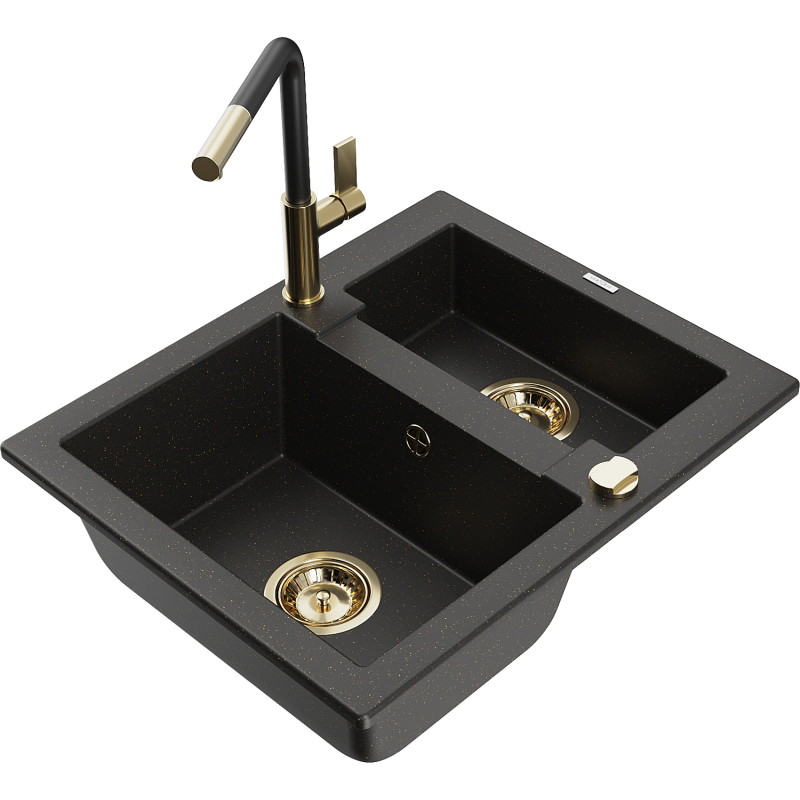 Mexen Carlos granieten spoelbak met 1,5 bak en keukenmengkraan Flora, zwart/goud metallic - 6518-75-670401-57-G