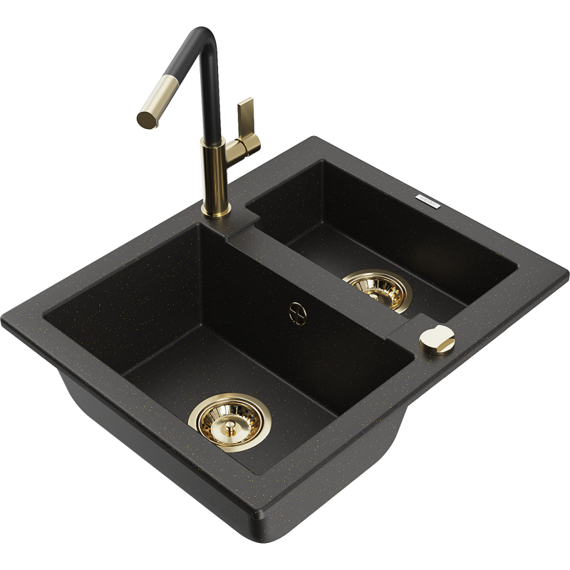 Mexen Carlos lava-louça de granito 1,5-cubas com torneira de cozinha Flora, preto/dourado metálico - 6518-75-670401-57-G