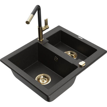 Mexen Carlos lavello in granito a 1,5 vasche con rubinetto da cucina Flora, nero/oro metallizzato - 6518-75-670401-57-G