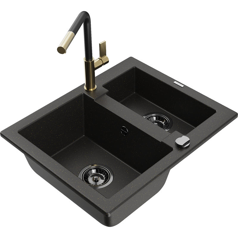 Mexen Carlos évier en granit 1,5 bac avec robinet de cuisine Flora, noir/doré métallique - 6518-75-670401-57-B