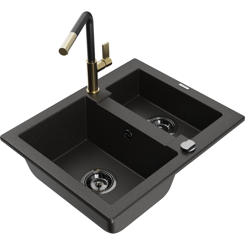 Mexen Carlos granitē izlietne ar 1,5 sekcijām un virtuves jaucējkrānu Flora, melns/zeltains metāliskais - 6518-75-670401-57-B