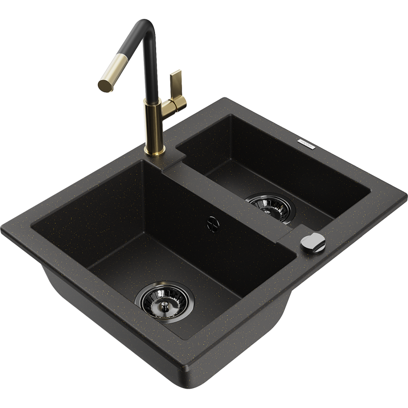 Mexen Carlos granite sink 1.5-bowl with Flora kitchen tap, black/gold metallic - 6518-75-670401-57-B