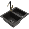 Mexen Carlos granite sink 1.5-bowl with Flora kitchen tap, black/gold metallic - 6518-75-670401-57-B