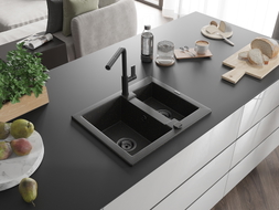 Mexen Carlos granite sink 1.5-bowl with Flora kitchen faucet, black/gold metallic - 6518-75-670401-70-B
