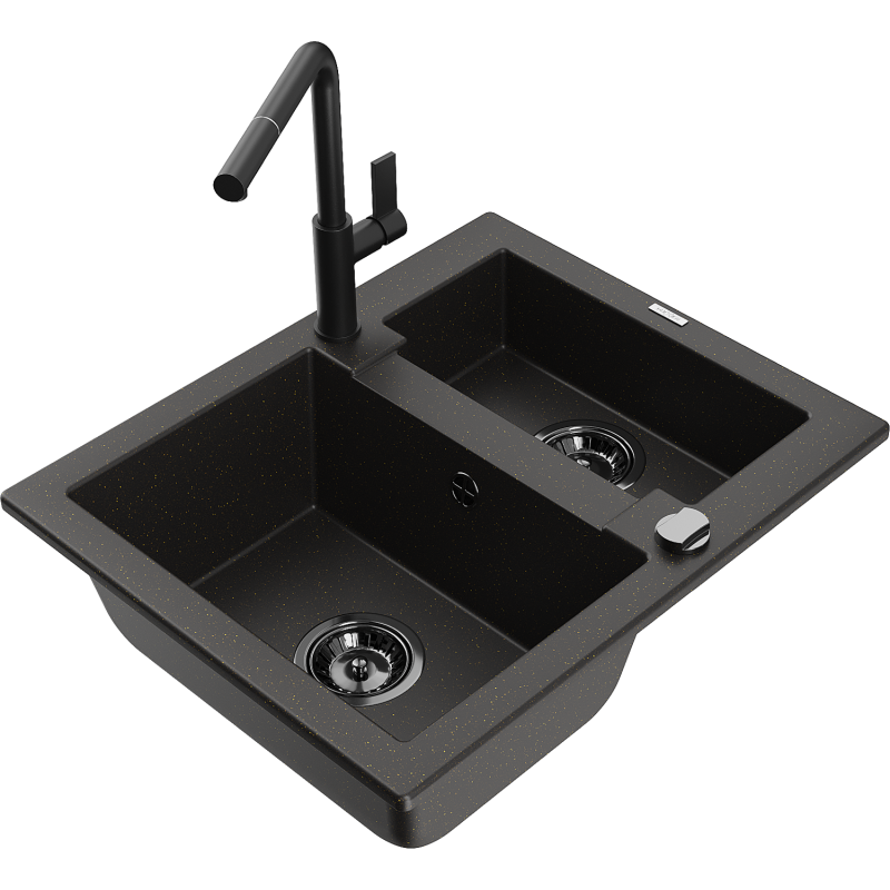 Mexen Carlos lava-loiça de granito 1,5 compartimentos com torneira de cozinha Flora, preto/metálico dourado