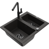 Mexen Carlos 1.5-bowl granite sink with Flora kitchen tap, black/gold metallic - 6518-75-670401-70-B