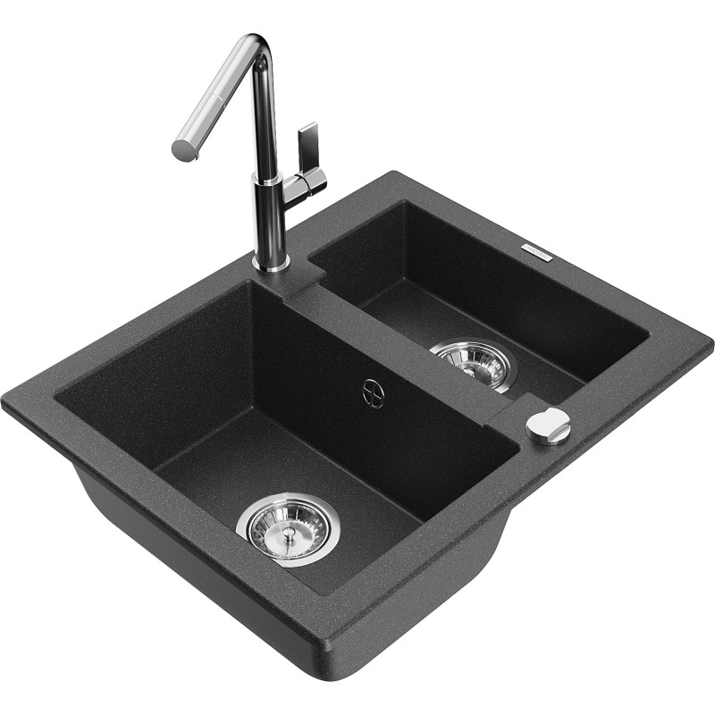 Mexen Carlos fregadero de granito de 1,5 compartimentos con grifo de cocina Flora, negro moteado - 6518-76-670401-00
