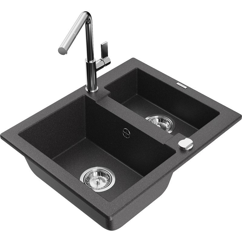 Mexen Carlos granitdiskho med 1,5 fack med köksblandare Flora, svart spräcklig - 6518-76-670401-00