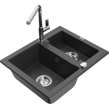 Mexen Carlos 1.5-bowl granite kitchen sink with Flora kitchen tap, speckled black - 6518-76-670401-00