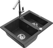 Mexen Carlos 1.5-bowl granite kitchen sink with Flora kitchen tap, speckled black - 6518-76-670401-00