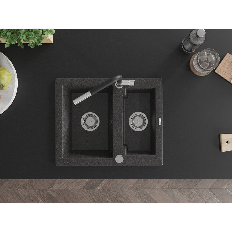 Mexen Carlos fregadero de granito de 1,5 senos con grifo de cocina Flora, negro moteado - 6518-76-670401-07